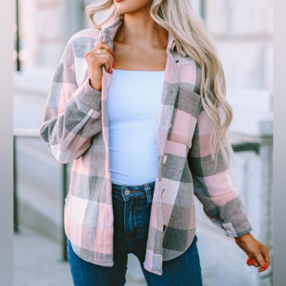 These Three Boutique Plaid Button-Up Jacket Pink and Gray